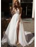 Ivory Lace Chiffon Side Slit Summer Beach Wedding Dress